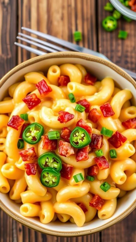 A bowl of spicy jalapeño bacon mac and cheese with golden macaroni, crispy bacon, and jalapeños on a wooden table.